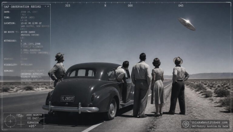 Three named rocket scientists watch a silvery disc vanish from a clear New Mexico sky near White Sands Proving Ground, June 29, 1947
