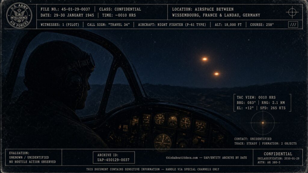 Travel 34: A 415th Night Fighter Squadron pilot's cockpit view of two amber lights pacing his aircraft between Wissembourg and Landau, Germany, January 29-30, 1945