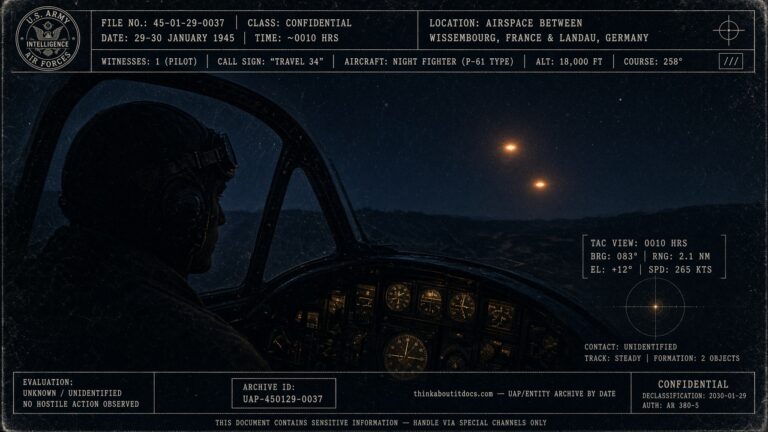 Travel 34: A 415th Night Fighter Squadron pilot's cockpit view of two amber lights pacing his aircraft between Wissembourg and Landau, Germany, January 29-30, 1945