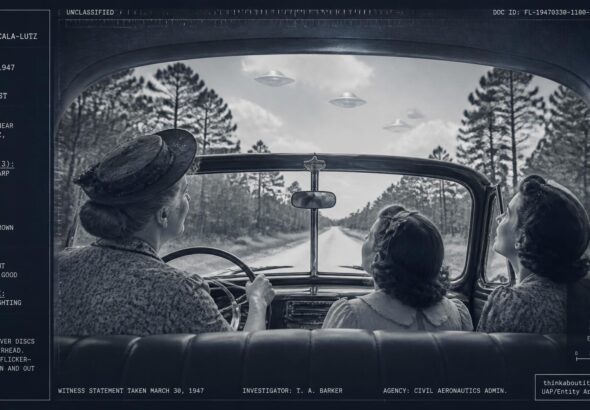 A mother, daughter, and grandmother watch flickering silvery discs from their car near Ocala, Florida, March 30, 1947
