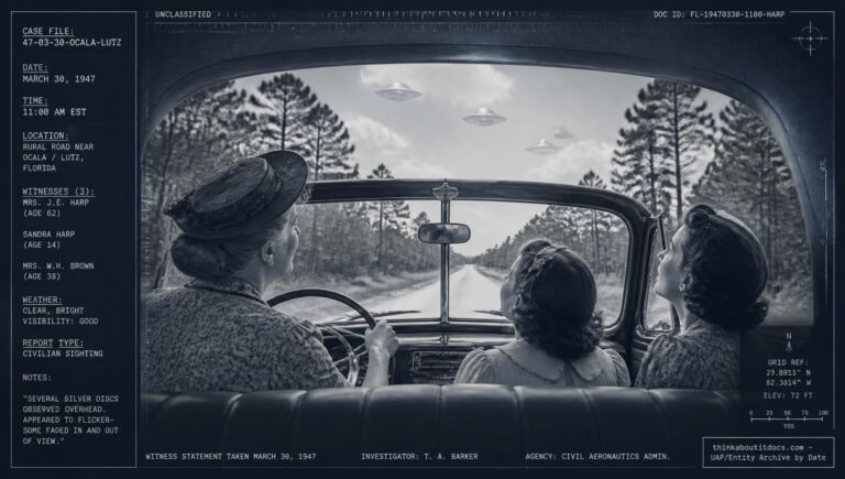 A mother, daughter, and grandmother watch flickering silvery discs from their car near Ocala, Florida, March 30, 1947