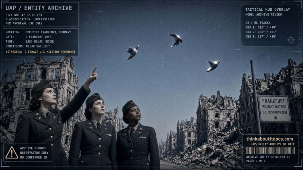 Three American servicewomen watch unconventional objects perform aerobatics over occupied Frankfurt, Germany, February 3, 1947
