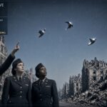 Three American servicewomen watch unconventional objects perform aerobatics over occupied Frankfurt, Germany, February 3, 1947