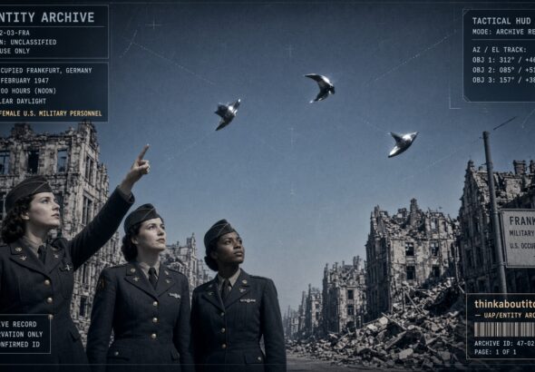 Three American servicewomen watch unconventional objects perform aerobatics over occupied Frankfurt, Germany, February 3, 1947