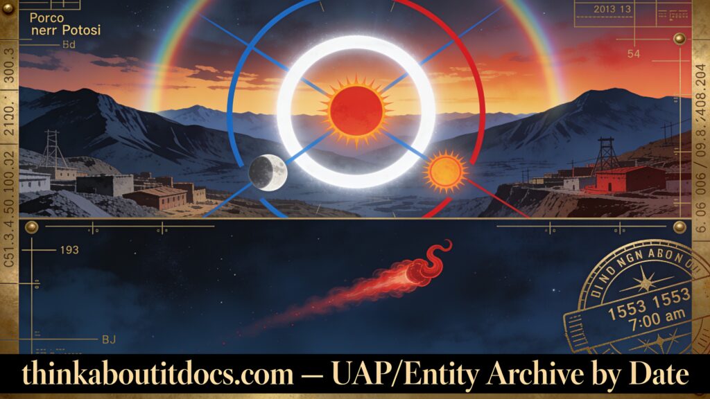 A dramatic parhelion halo display with three suns, two moons, and colored arcs over the Andean mining town of Porco, Peru, alongside a separate blood-red comet, January 13, 1553