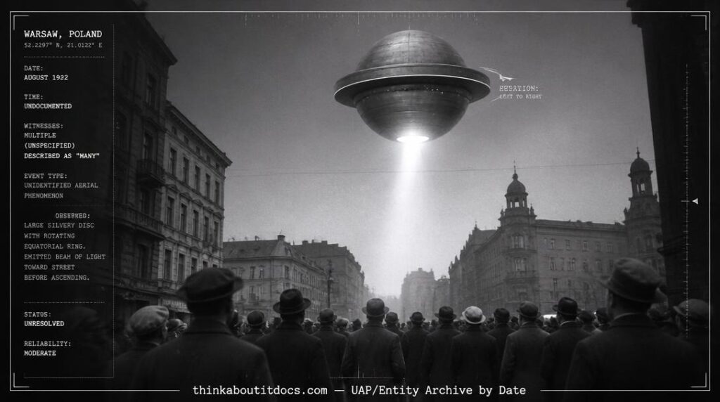 Saturn-shaped disc with rotating ring discharging beam of light over Warsaw Poland, August 1922