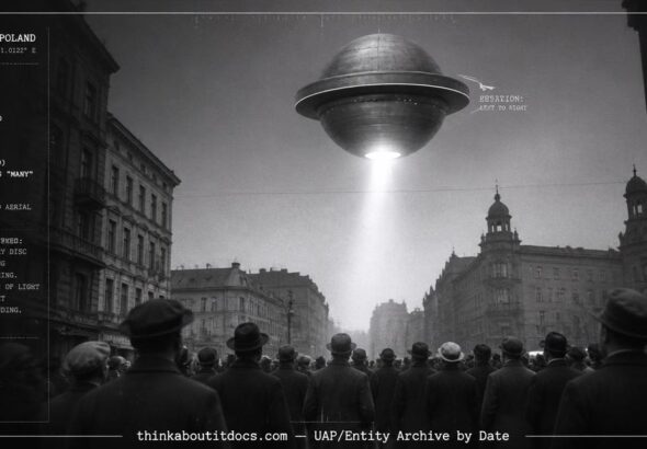 Saturn-shaped disc with rotating ring discharging beam of light over Warsaw Poland, August 1922