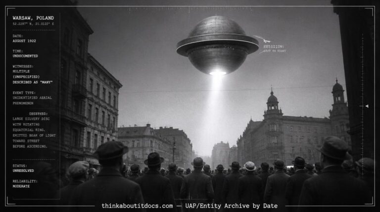 Saturn-shaped disc with rotating ring discharging beam of light over Warsaw Poland, August 1922