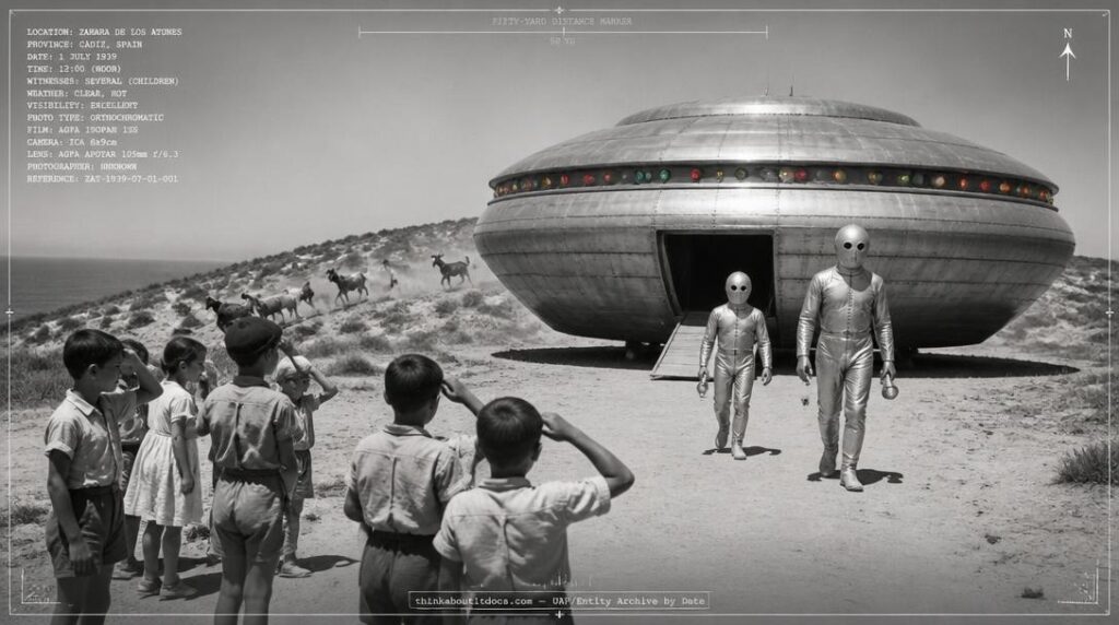 Two stiff-walking silver-suited blank-eyed figures beside landed metallic disc near Zahara de los Atunes Spain, July 1939