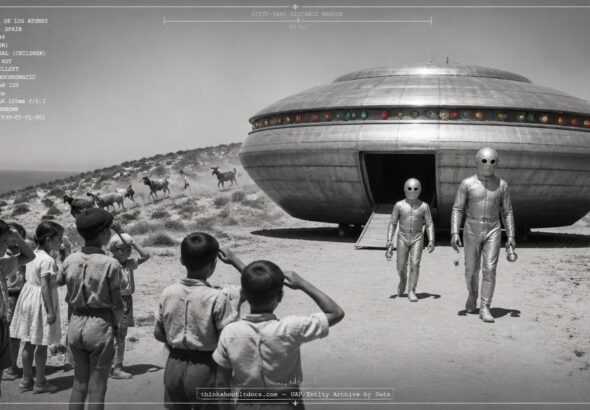 Two stiff-walking silver-suited blank-eyed figures beside landed metallic disc near Zahara de los Atunes Spain, July 1939