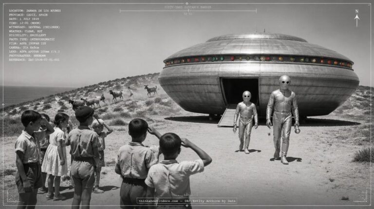 Two stiff-walking silver-suited blank-eyed figures beside landed metallic disc near Zahara de los Atunes Spain, July 1939