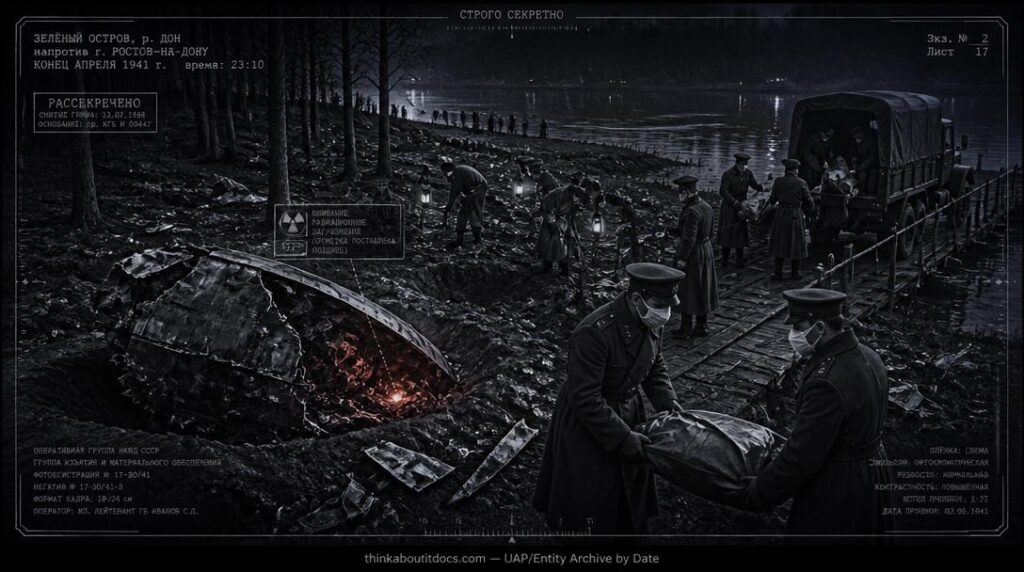 NKVD soldiers recovering radioactive disc wreckage at night on Zelyenyi Island, River Don, Russia, April 1941