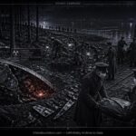 NKVD soldiers recovering radioactive disc wreckage at night on Zelyenyi Island, River Don, Russia, April 1941