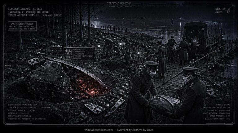 NKVD soldiers recovering radioactive disc wreckage at night on Zelyenyi Island, River Don, Russia, April 1941