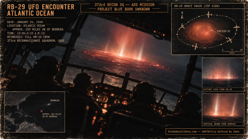 Intelligence evidence board illustration of the January 24 1949 RB-29 Bermuda Atlantic red glow UFO encounter, showing the crew orbiting a mile-wide red luminous mass on the ocean with white internal beams, Project Blue Book Unknown
