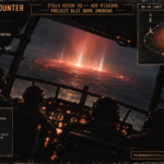 Intelligence evidence board illustration of the January 24 1949 RB-29 Bermuda Atlantic red glow UFO encounter, showing the crew orbiting a mile-wide red luminous mass on the ocean with white internal beams, Project Blue Book Unknown