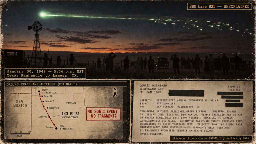 Intelligence dossier evidence board for the January 30 1949 green fireball event over Texas and New Mexico, showing the 143-mile nearly horizontal path triangulated by Dr. Lincoln La Paz, the Amarillo-to-Lamesa ground track, thousands of witnesses including Roswell and Holloman AFB, and the connection to the February 16 Los Alamos aerial phenomena conference