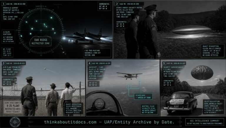Security patrol and radar personnel documenting a series of UFO sightings and failed fighter intercepts at Oak Ridge, Tennessee, October 1950