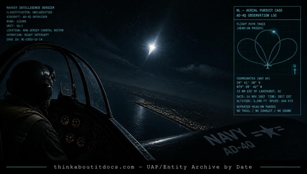 Navy pilot Robert Haven's AD-4Q being approached by a maneuvering light east of Lakehurst, New Jersey, November 1950