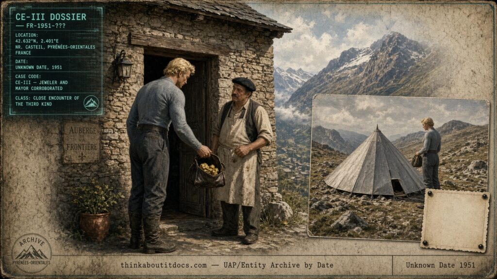 Mysterious tall stranger paying an innkeeper with gold nuggets in Casteil, France, 1951