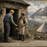 Mysterious tall stranger paying an innkeeper with gold nuggets in Casteil, France, 1951