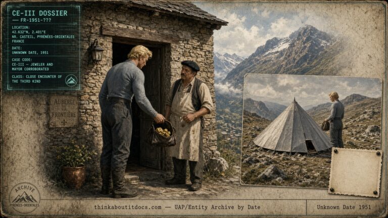 Mysterious tall stranger paying an innkeeper with gold nuggets in Casteil, France, 1951