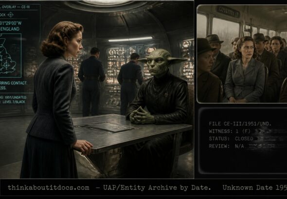 Cathie Connelly's 1951 encounter aboard a UFO with a cat-faced entity and mixed crew, Coventry, England