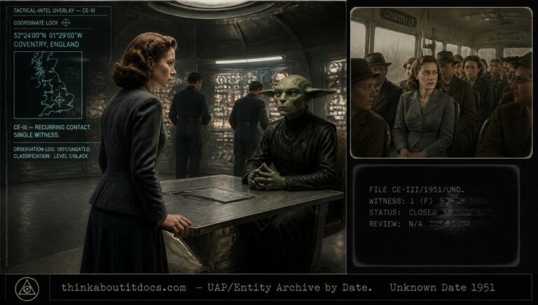 Cathie Connelly's 1951 encounter aboard a UFO with a cat-faced entity and mixed crew, Coventry, England