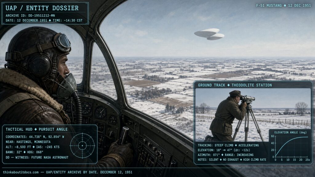 Future astronaut Deke Slayton pursuing an unidentified object in his P-51 fighter near Hastings, Minnesota, December 1951