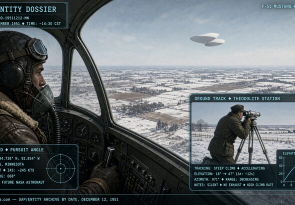 Future astronaut Deke Slayton pursuing an unidentified object in his P-51 fighter near Hastings, Minnesota, December 1951