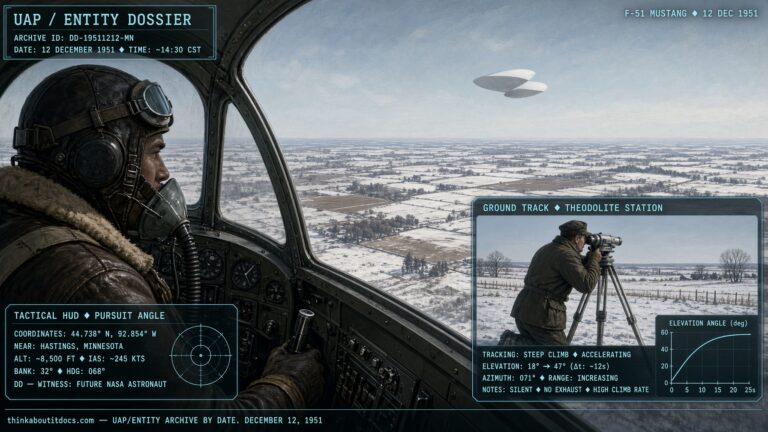 Future astronaut Deke Slayton pursuing an unidentified object in his P-51 fighter near Hastings, Minnesota, December 1951