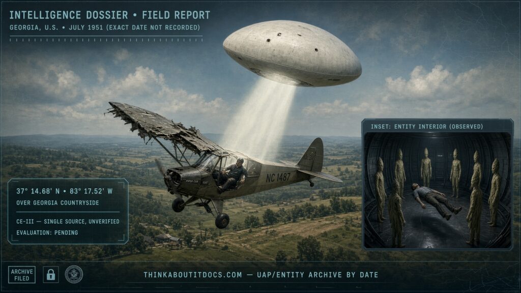 Small plane pulled aboard a lozenge-shaped UFO over Georgia, July 1951, pilot meeting asparagus-like beings