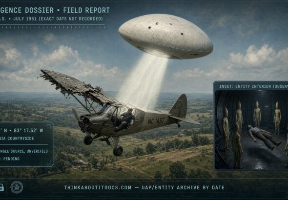 Small plane pulled aboard a lozenge-shaped UFO over Georgia, July 1951, pilot meeting asparagus-like beings