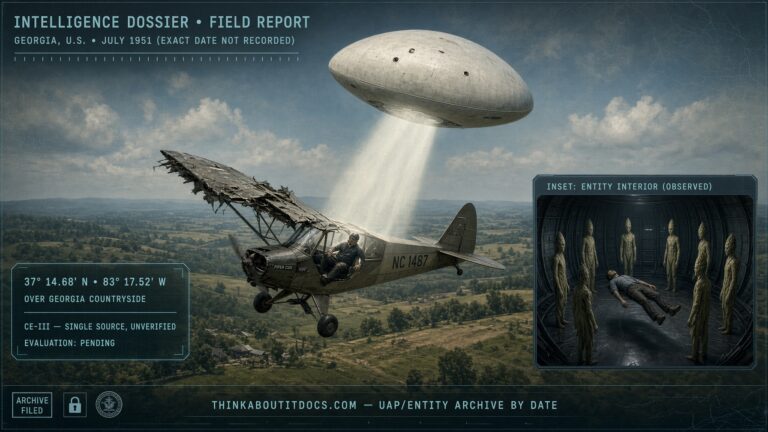 Small plane pulled aboard a lozenge-shaped UFO over Georgia, July 1951, pilot meeting asparagus-like beings