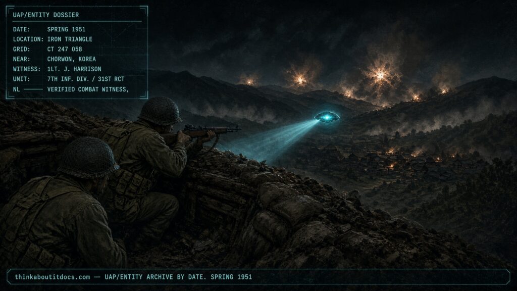 American infantry unit encountering a pulsating hovering craft on a mountainside near Chorwon, Korea, Spring 1951