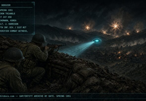 American infantry unit encountering a pulsating hovering craft on a mountainside near Chorwon, Korea, Spring 1951