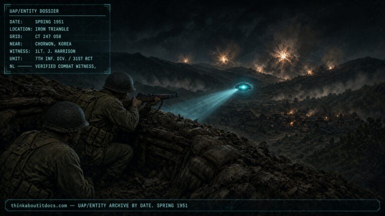 American infantry unit encountering a pulsating hovering craft on a mountainside near Chorwon, Korea, Spring 1951