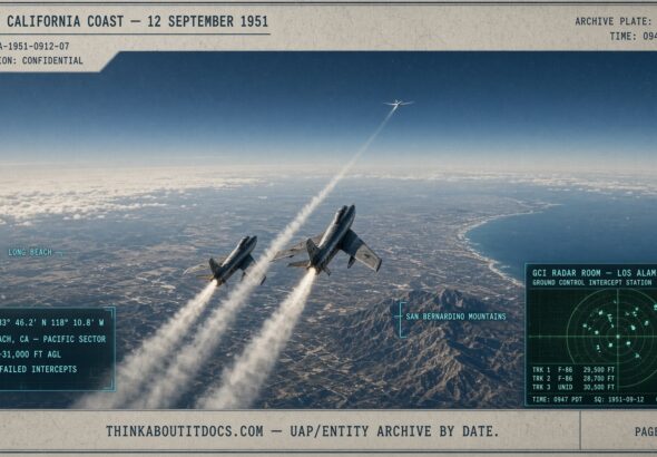 F-86 jets attempting to intercept a swept-wing object holding a high-altitude orbit over Southern California, September 1951