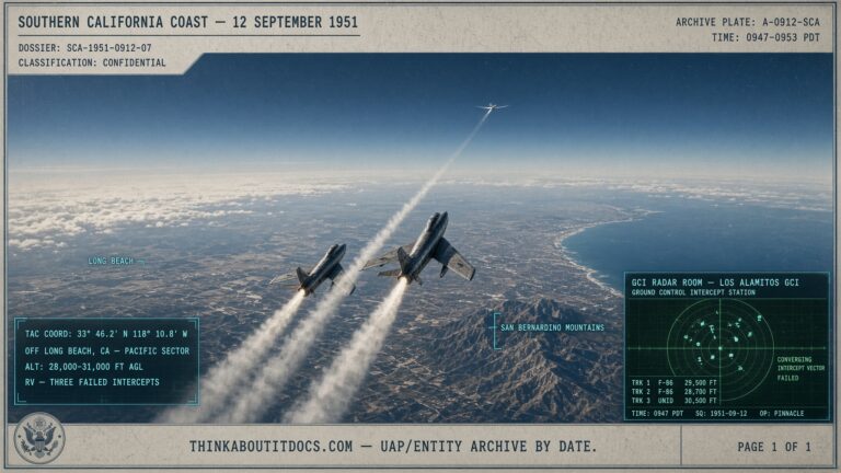F-86 jets attempting to intercept a swept-wing object holding a high-altitude orbit over Southern California, September 1951