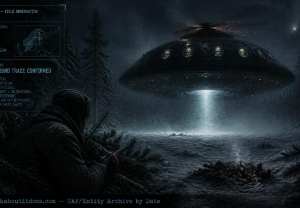 Russian hunter observing a hovering dome-shaped craft with skull-headed occupants in the Arkhangelsk taiga, winter 1951