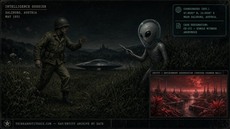 American soldier paralyzed by a cylindrical-headed entity near Salzburg, Austria, May 1951, before being taken aboard a saucer