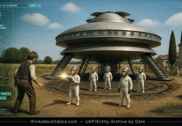 Farmer encountering six small entities beside a landed double-saucer craft near Veghenza, Ferrara, Italy, August 1951