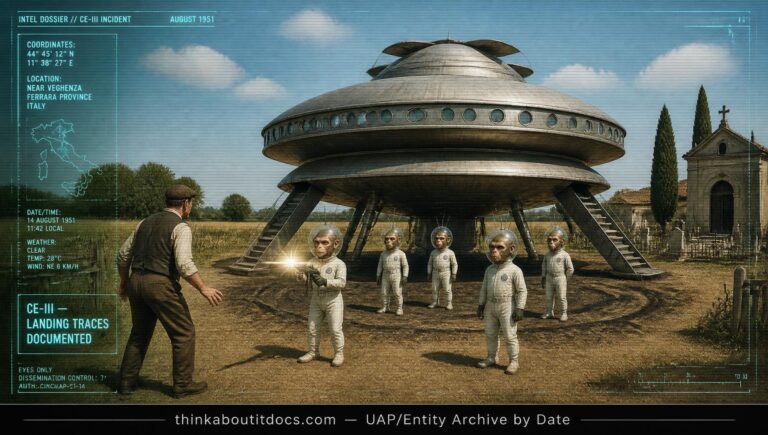 Farmer encountering six small entities beside a landed double-saucer craft near Veghenza, Ferrara, Italy, August 1951