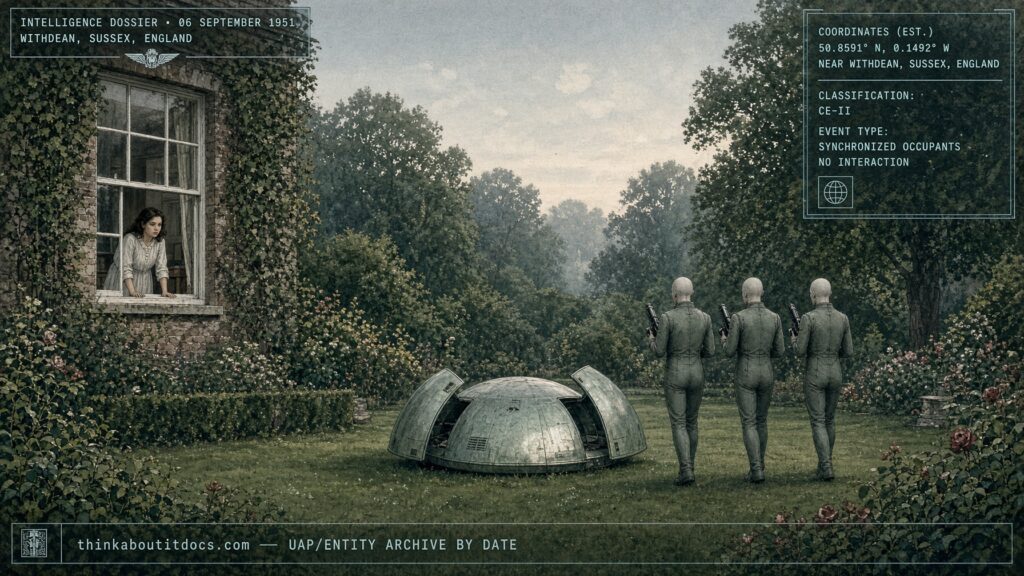 Three synchronized bald humanoid entities exiting a dome-shaped craft in a Withdean, Sussex, England garden, September 1951