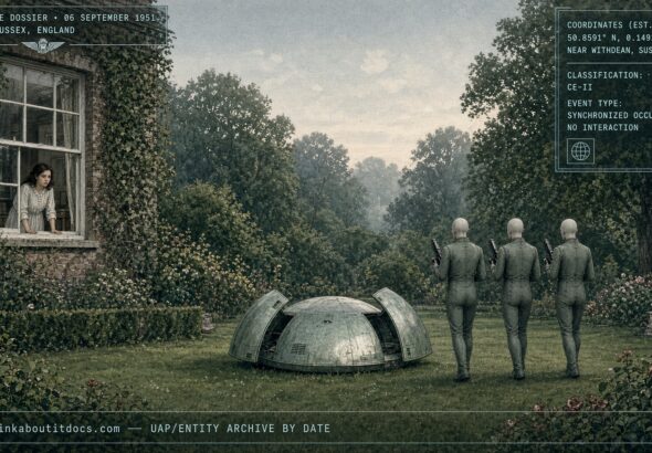 Three synchronized bald humanoid entities exiting a dome-shaped craft in a Withdean, Sussex, England garden, September 1951