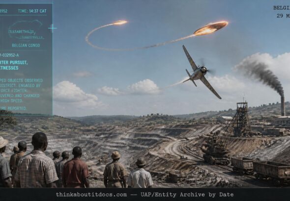 Fighter aircraft pursuing two fiery discs over uranium mines near Elizabethville, Belgian Congo, March 1952