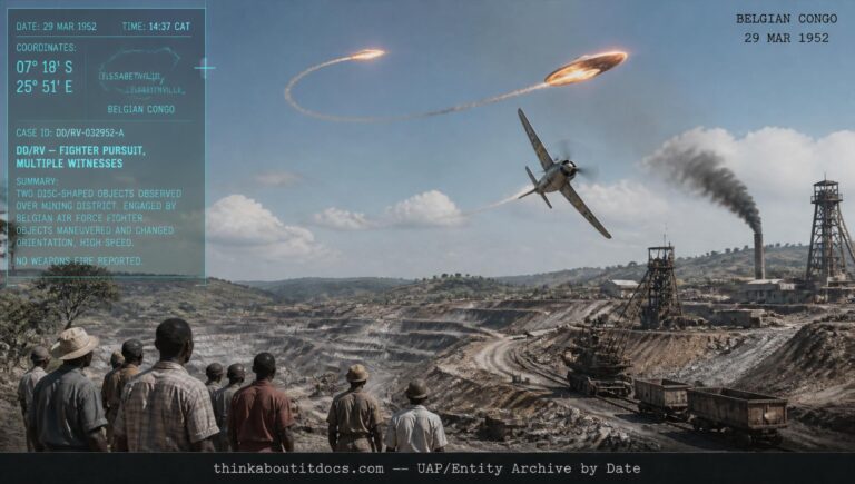 Fighter aircraft pursuing two fiery discs over uranium mines near Elizabethville, Belgian Congo, March 1952