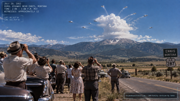 Illustration of the 1952 Ennis, Montana UFO sighting with disc-shaped objects emerging from a self-forming cloud, witnessed by a dozen people