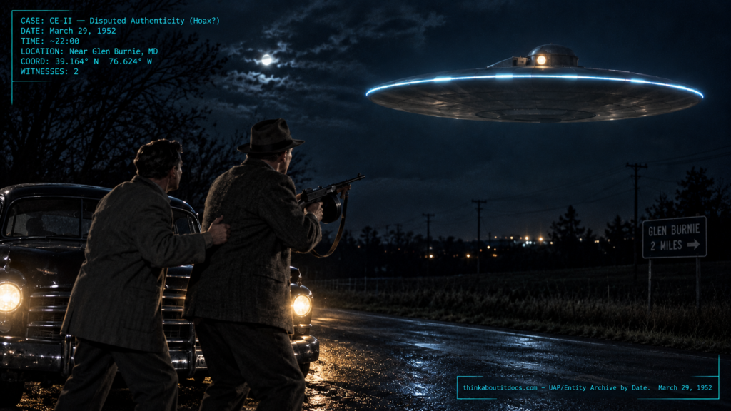 Man with a submachine gun facing a hovering silver disc near Glen Burnie, Maryland, March 1952