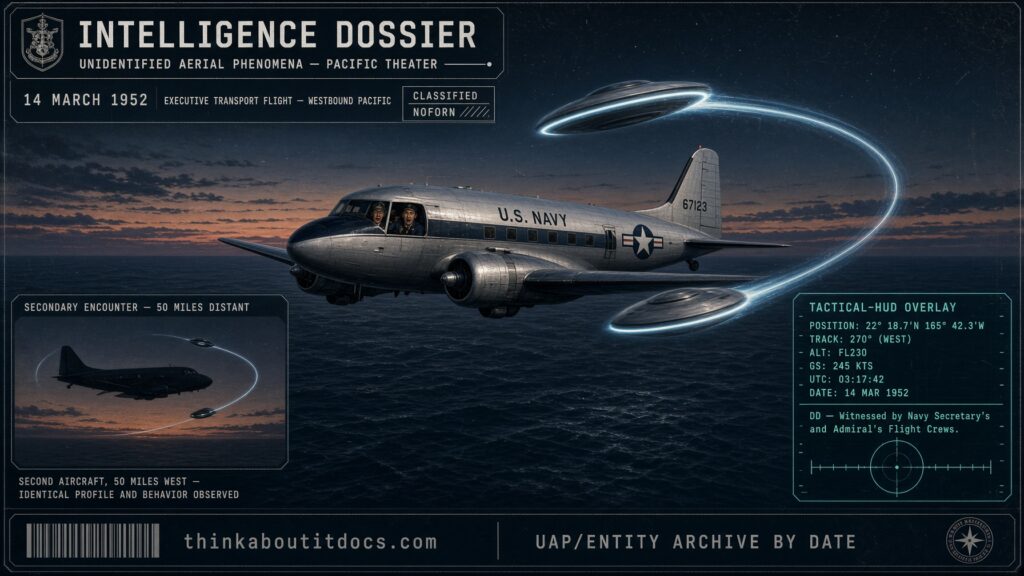 Navy executive aircraft carrying Secretary Dan Kimball and Admiral Arthur Radford encountering fast discs over the Pacific, March 1952